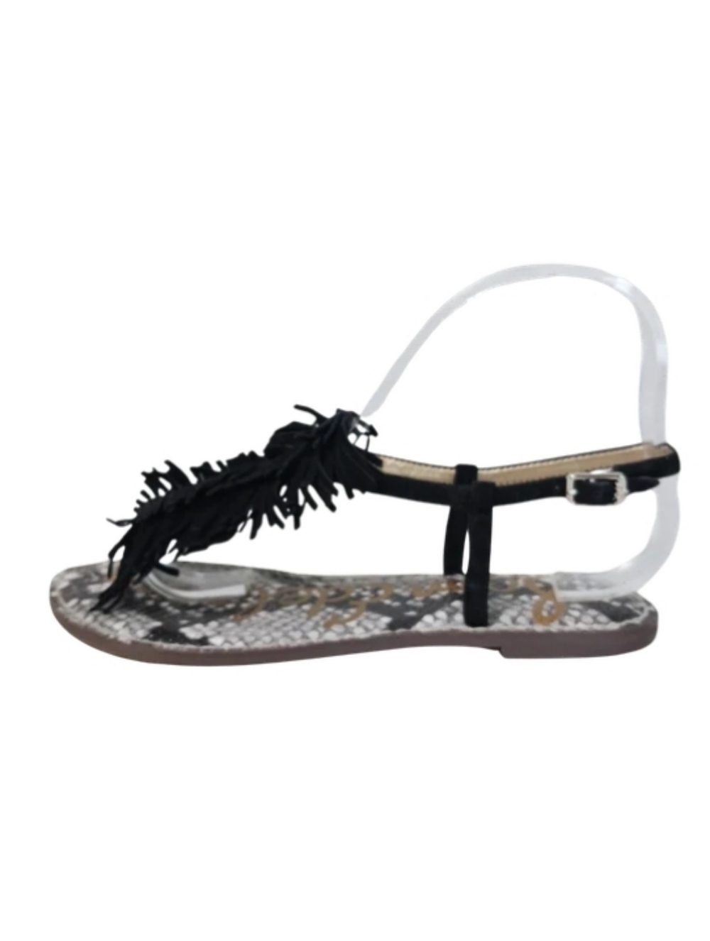 Sam Edelman Sandal Women's 7 Black Suede Fringe Snakeskin Print Flat Thong Shoes